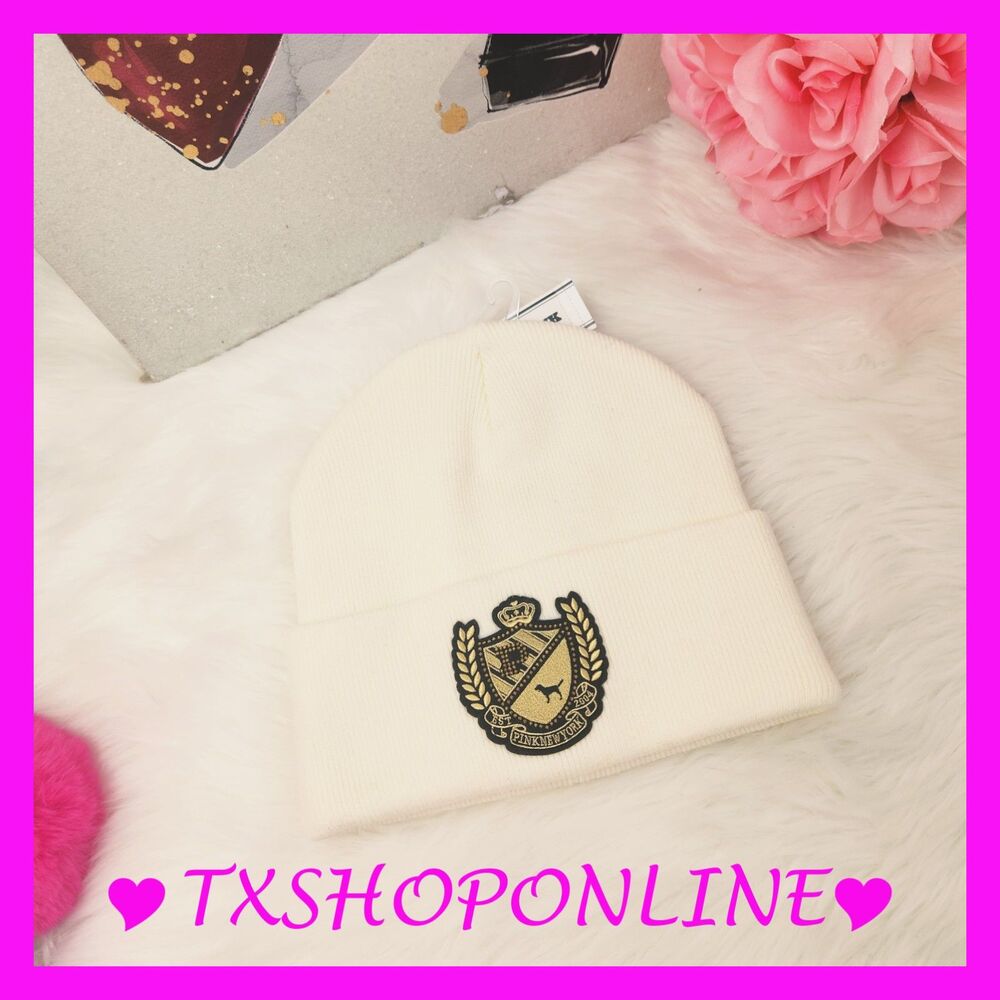 💗👒PINK Victoria's Secret Ivory Logo Rib Knit Beanie Winter Hat 💗👒